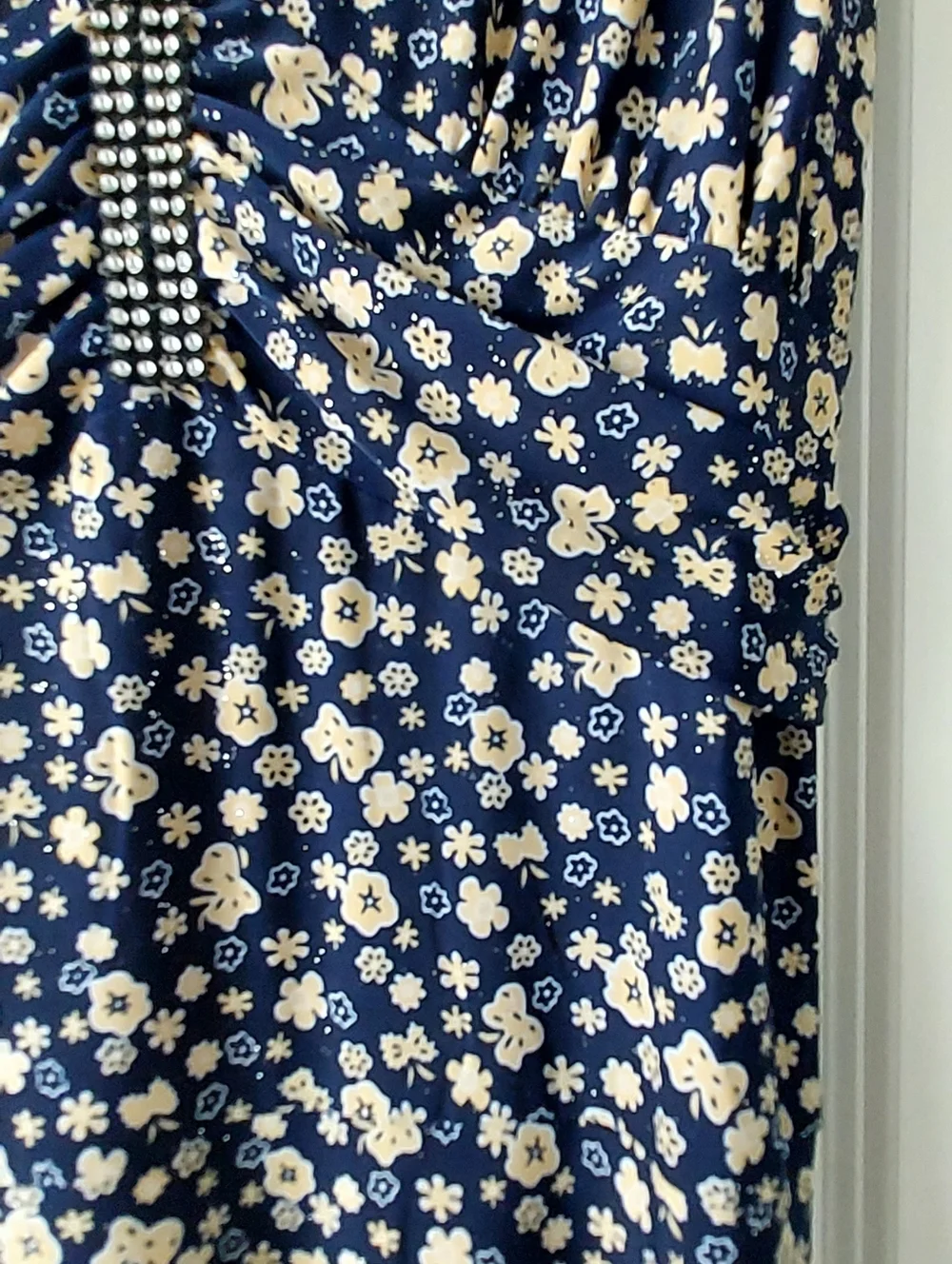Silk Dress V Neck Sleeveless  Rhinestone Glitter Navy Floral Y2K Babydoll L/XL